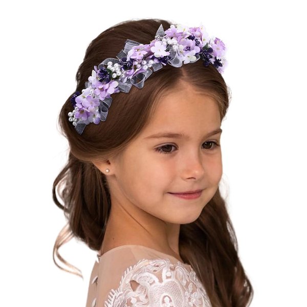 Campsis Girls Headpiece Flower Headbands Pearl Communion Hair Accessories Crystal Girls Birthday Photography Hair Band for Women and Girls(Purple)