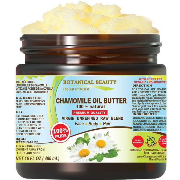 Botanical Beauty CHAMOMILE OIL BUTTER 100% Pure Natural Virgin Unrefined RAW 16 Fl. Oz.- 480 ml for FACE, SKIN, BODY, DAMAGED HAIR, NAILS. Chamomile Roman Essential Oil and Coconut Oil