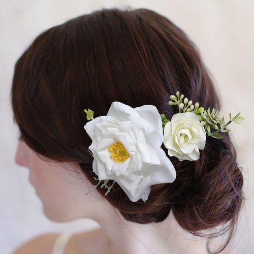 Fangsen Wedding Boho White Rose Flower Hair Clips Floral Hair Accessories for Brides and Bridesmaids Silver (White)