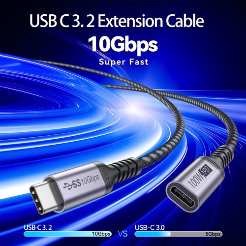 DteeDck USB C Extension Cable 1.5ft, USB 3.2 Type C Extender Cord (100W Fast Charging/10Gbps Data Transfer/4K@60Hz Video) Male to Female for Laptop Tablet Mobile Phone and More