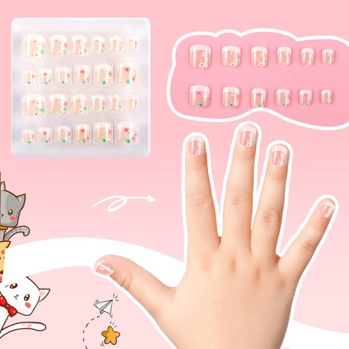 Kawyehu Kids Press on Nails Children Fake Nails Artificial Nail Tips Adhesive Full Cover Short False Fingernails for Girls Kids Nail Decoration (Flower French)