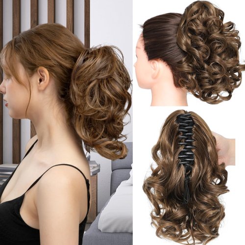 12“Claw Curly Ponytail Extension Clip in Short Curl Wavy Pony Hair Extension Jaw Clip on Pony Tail Synthetic Short Wave Hairpiece for Women (#8B)