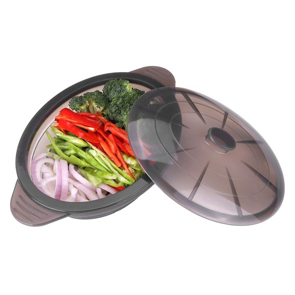 Microwave Steamer Cooker Collapsible Bowl-Silicone Steamer Cookware with Handle Lid for Vegetables Fish Prep Meal Food with Removable Rack BPA Free, Easy to Store, Freezer & Dishwasher Safe, Black