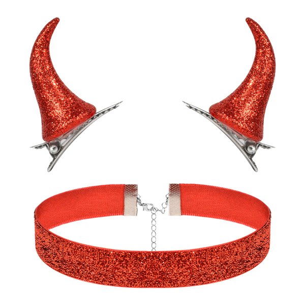 Devil Horns Hair Clip with Collar Necklace Set, Clip on Red Devil Horn Clips Hairpin Barrettes for Men Women Adult, Halloween Devil Horns Costume Accessories Cosplay Headwear