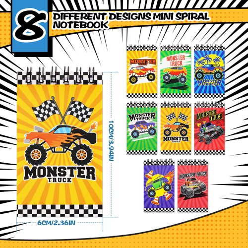 BOIKOKY 148Pcs Monster Truck Party Favors Set - 24 Monster Truck Notebooks, 24 Decorative Pens, 100 Stickers for Kids Monster Truck Themed Birthday Party Class Prizes Supplies