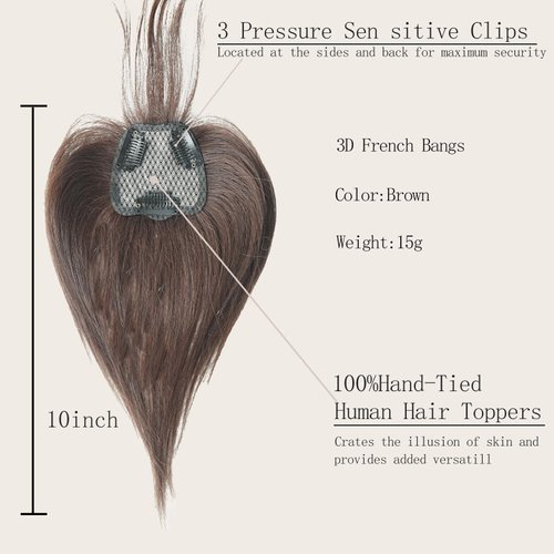 VIJIGIA Clip in Bangs Hair Toppers for Women Real Human Hair, 10 inch 3D French Bangs Women Hair Toppers for Thinning Hair, Clip in Hair Topper Top Hair Extensions, Standard Base 2.5"x3", Brown