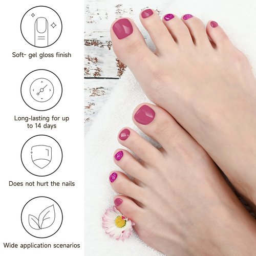 DUKASOU Semi Cured Gel Pedicure Strips, (Hibiscus Flower)26 PCS Gel Nail Strips Works with Any UV Light, Salon Quality Gel Nail Stickers，Easy to Apply & Remove