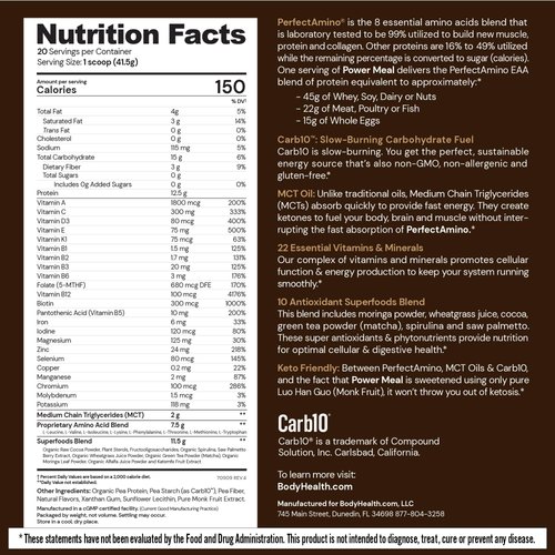 BodyHealth PerfectAmino Power Meal Shake New Dark Chocolate Flavor with MCT Oil Carb 10 and Perfect Amino Protein Base (20 Servings)