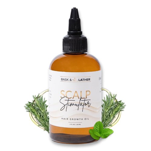 BASK & LATHER Scalp Stimulator Hair Growth Oil, Cold Pressed Oils Including Mint and Rosemary Oil for Hair Growth, Grapeseed Oil, Organic Natural Leave in Hair Oil, All Hair Types, 4 Fl Oz