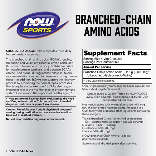 NOW Foods Sports Nutrition, Branched Chain Amino Acids, With Leucine, Isoleucine and Valine, 240 Veg Capsules