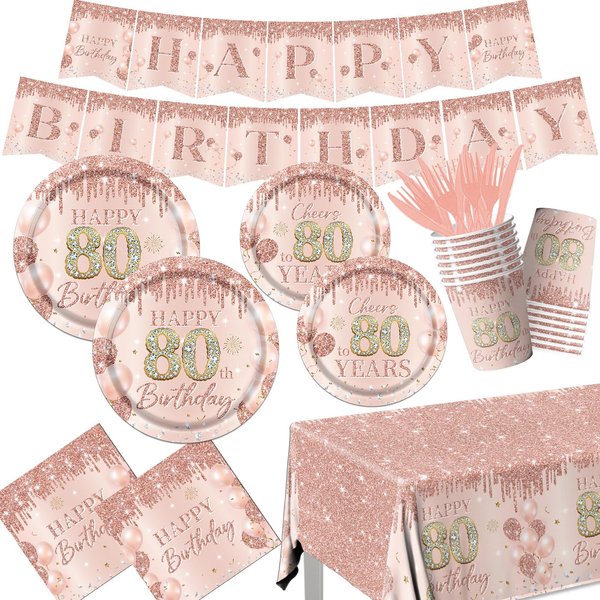 80th Birthday Decorations for Women,142pcs Rose Gold 80th Birthday Decorations Tableware Set 80th Birthday Plates and Napkins Cups Tablecloth for Cheer To 80 Years Decor