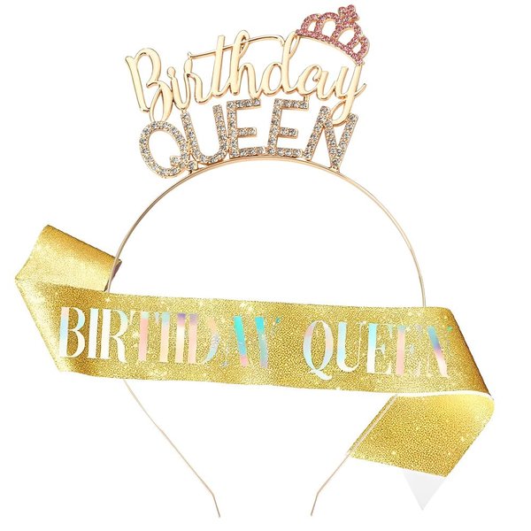 Ancnoz Birthday Queen Headband Crown and Sash Gold Birthday Tiara Headpiece with Rhinestones Bday Birthday Gifts for Women Wife Her Happy Birthday Party Decorations Favors Accessories