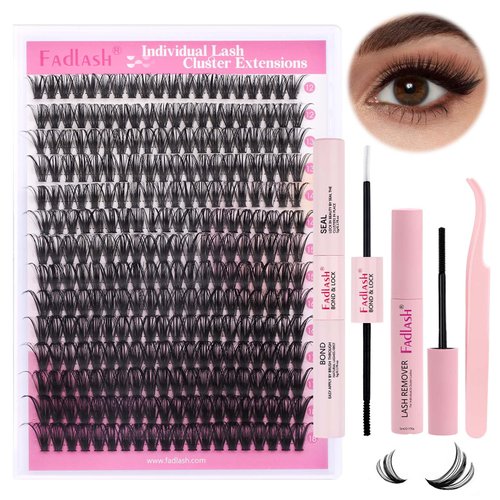 FADLASH Lash Extension DIY Kit Lash Clusters D Curl Cluster Lashes with Lash Bond and Seal Cluster Lashes Glue Remover Lash Tweezers for DIY Eyelash Extension at Home（Kit 50D-0.07D-12-18MIX）