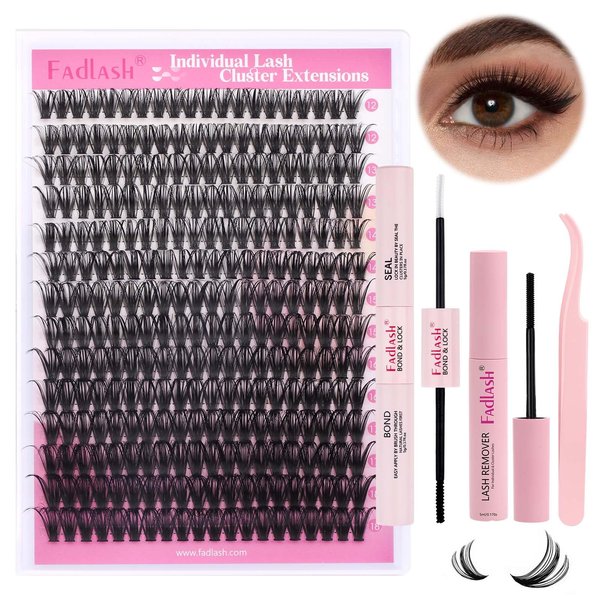 FADLASH Lash Extension DIY Kit Lash Clusters D Curl Cluster Lashes with Lash Bond and Seal Cluster Lashes Glue Remover Lash Tweezers for DIY Eyelash Extension at Home（Kit 50D-0.07D-12-18MIX）
