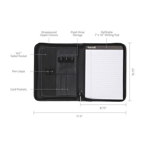 Samsill Professional Padfolio, Faux Leather Junior Portfolio with Zipper, 10.1 Inch Tablet Sleeve, with 7 x 10 Inch Notepad, Black