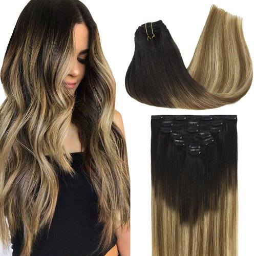 GOO GOO Clip in Hair Extensions Real Human Hair, 14inch 120g 7Pcs, 2/6/18 Balayage Brown to Dirty Blonde, Remy Human Hair Extensions Clip ins for Women, Natural Human Hair