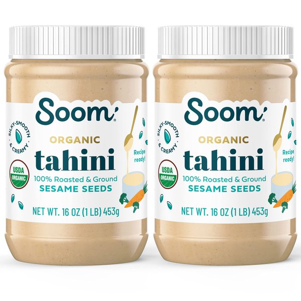 Soom Foods Organic Tahini 16oz (2 Pack) | Roasted & Ground Sesame Seed Paste | Creamy Texture for Hummus, Sauces, Dips, Salad Dressings | Vegan, Peanut-Free, Nut-Free, Gluten-Free, Dairy-Free, Keto, Paleo, Kosher | All-Natural