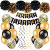 Black Gold Birthday Party Decorations Kit - Happy Birthday Banner, Spiral Charm，Paper Flower Ball, Latex Balloon and Confetti Balloons for Girls Boys Birthday Party Supplies