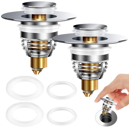 AURUZA 2 Pack Universal Bathroom Sink Stopper, Sink Strainer for 1.1-1.5 Inch Bullet Core Push Type Basin Pop Up Drain Filter,Bathtub Converter with Anti Clogging Filter Basket Hair Catcher