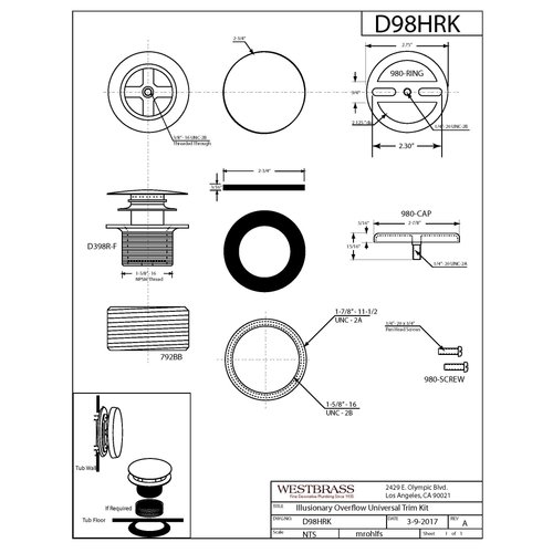 Westbrass D98HRK-20 Universal Fine or Coarse Thread Tip-Toe Bathtub Drain Trim with Illusionary No-Hole Faceplate and Adaptor Bushing, 1-Pack, Stainless Steel
