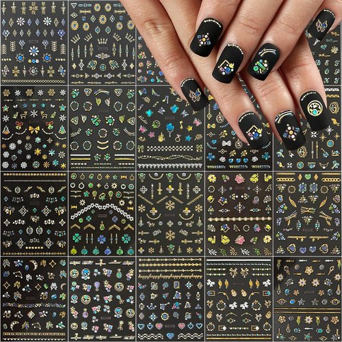 20 Sheets Gold Nail Art Stickers Flower Nails Decals 3D Self-Adhesive French Line Nail Sticker Colorful Diamond Jewel Snowflake Design Nail Art Supplies for Women DIY Nail Art Decorations Accessories