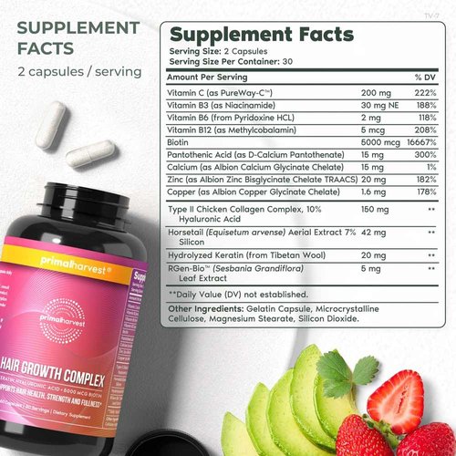 Primal Harvest Hair Growth Vitamins, 2 Pack - 120 Pills, Natural Hair Regrowth, Thickening, and Supplement for Men & Women with Biotin & Zinc