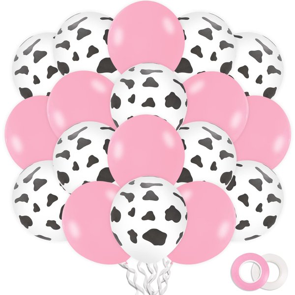 Whaline 50Pcs Cow Balloons with White and Pink Ribbons Pink Cow Print Latex Balloons for Birthday Baby Shower Cow Print Party Cowboy Cowgirl Themed Party Farm Party Decorations Supplies, 12 Inch