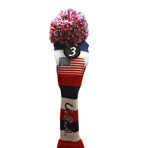 USA Patriot Majek Golf Club Fairway Wood Pom Pom Patriotic Knit Head Cover Headcover for Metal Woods