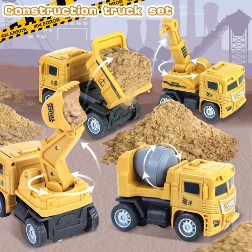 CORPER TOYS 4-Pack Construction Truck Toys Set with Dump Truck Digger Excavator Cement Mixer Truck Friction Powered Car Robot Transform Construction Vehicle for Kids Gift Set