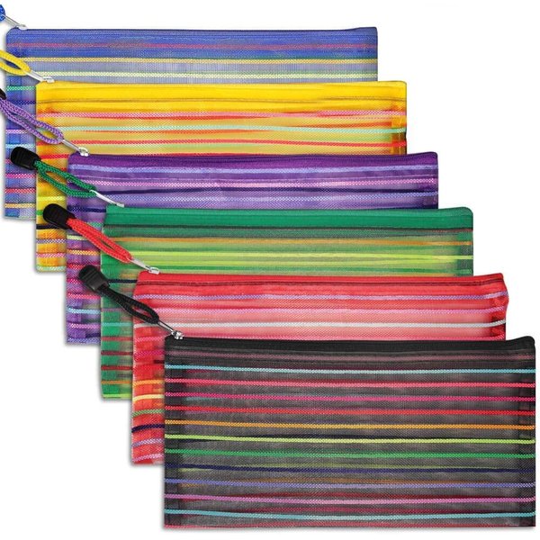 Selizo 6 Pcs Pencil Pouch Plastic Pencil Cases Zipper Mesh Pouch Bag for Office Pen Cosmetic Makeup