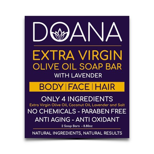 Doana Extra Virgin Olive Oil Soap With LAVENDER OIL, Artisan, Cold Processed With Coconut Oil, Facial & Body Cleansing, 8.8oz(Pack of 2)
