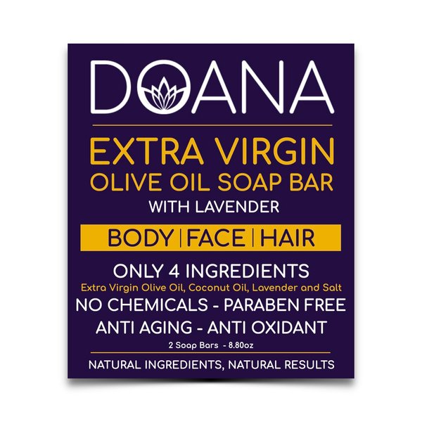 Doana Extra Virgin Olive Oil Soap With LAVENDER OIL, Artisan, Cold Processed With Coconut Oil, Facial & Body Cleansing, 8.8oz(Pack of 2)