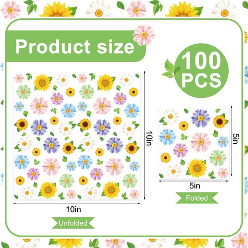 100 PCS Spring Floral Cocktail Napkins Disposable Flower Theme Paper Napkins 3-Ply Spring Flower Blossom Beverage Napkins for Wedding Bridal Baby Shower Flowers Theme Tea Party Supplies