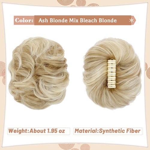 Leterly Messy Bun Hair Piece, Claw Clip Hair Bun Hairpieces Thick Updo Scrunchies Ponytail Hair Extensions Synthetic for Women Ash blonde mix Bleach Blonde