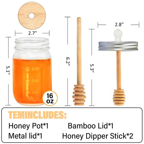 GIVAMEIHF16oz Honey Pot,Glass Honey Jar with Dipper Stick-Extra Mason Jar Honey Dipper Lid,Honey Containers with Wooden Dipper,Honey Jar for Storing Honey,For Christmas Gift,Home Kitchen