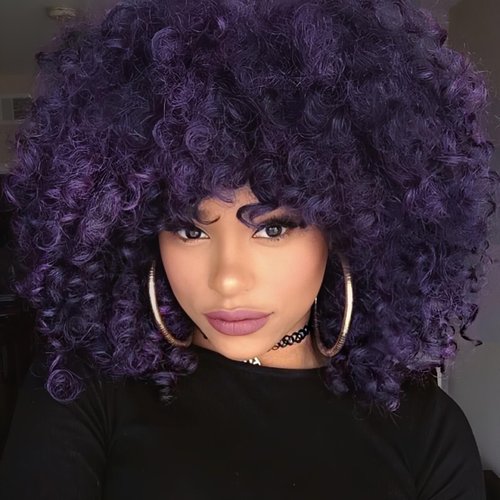 Swiking Purple Short Curly Wigs for Black Women Afro Kinky Natural Fluffy Wig with Bangs Synthetic Heat Resistant Hair Wigs