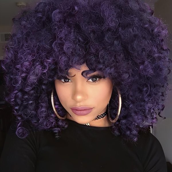 Swiking Purple Short Curly Wigs for Black Women Afro Kinky Natural Fluffy Wig with Bangs Synthetic Heat Resistant Hair Wigs