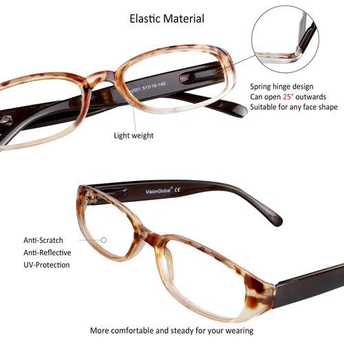 VisionGlobal 4 Pairs Reading Glasses with Spring Hinge, Blue Light Blocking Glasses for Women/Men (Tortoise,+1.00 Magnification)