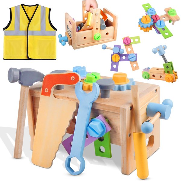 Aliex Wooden Kids Tool Set, 30pcs Toy Tools for Toddlers with Vest, Tool Kit Toddler Montessori Stem Learning Educational Toys for 2 3 4 5 Years Old Boys Girls, Birthday Gift for Kids