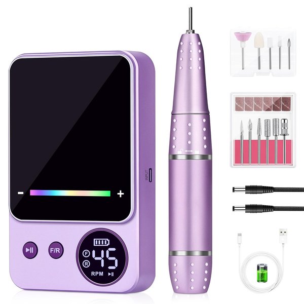Electric Nail Drill Professional, Urbuti 45000RPM Nail Drill 4000mAh High Capacity Rechargeable Electric Nail File 11 Drill Bits Remover Gel Nail Polish Acrylic Nails Manicure for Salon Home