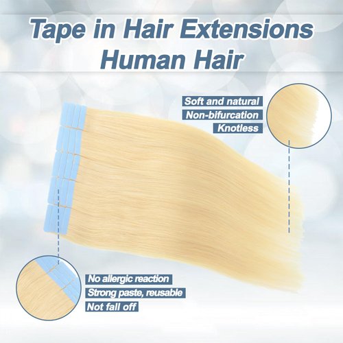 Tape in Hair Extensions Human Hair 100% Remy Hair 20pcs 50g/Pack Straight Seamless Invisible Skin Weft Extensions Easy to Apply and Style (#613 Bleach Blonde, 12 Inch)