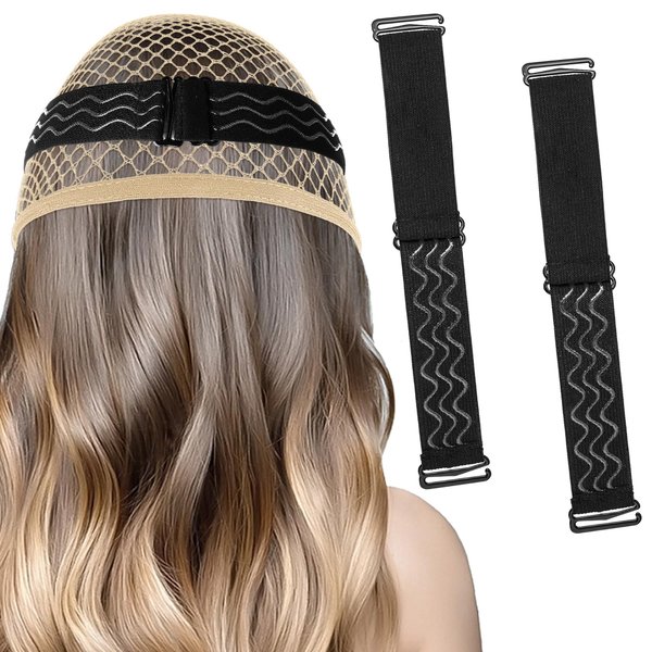 Piriuuo 2 Pcs Black Adjustable Elastic Bands for Wig, Removable Wig Band Non-Slip Elastic Wig Strap Wig Band for Glueless Wig Wig Grip Band Wig Headband for Glueless Wig Making Wig Cap Wig Accessories