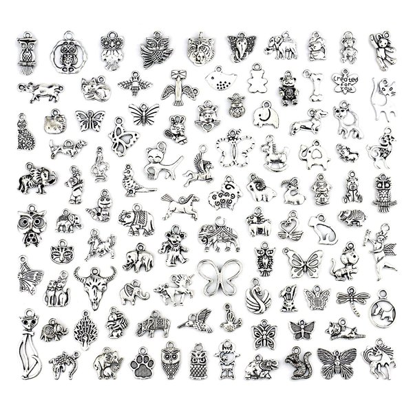 JIALEEY Wholesale 100 PCS Mixed No Repeated Silver Pewter Smooth Metal Charms Pendants DIY for Necklace Bracelet Dangle Jewelry Making and Crafting, Animal Charms