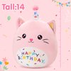 Houwsbaby 14" Pink Birthday Cat Plush Pillow Toy,Creative Cat Stuffed Animal,Super Squishy Cute Cat Shaped Birthday Gift, Party Decoration for Kids and Adults