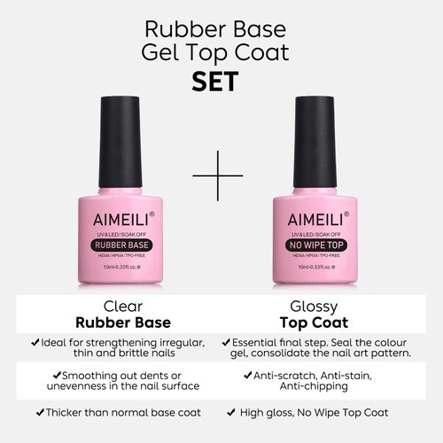 AIMEILI Rubber Base Gel Polish and No Wipe Top Coat Kit Set Soak Off U V LED Clear Gel Nail Polish