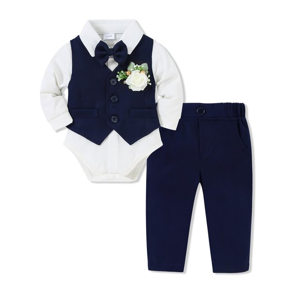 SANMIO Baby Boy Clothes Suits Infant Gentleman Outfit Collared Dress Shirt+Vest+Tie+Corsage+Pants 5Pcs Baby Suit Sets