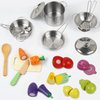 Sundaymot Play Kitchen Accessories, Wooden Play Food, Cooking Set with Stainless Steel Cookware Pots and Pans Utensils, Apron, Chef Hat, ​Cutting Food Kitchen Playset for Girls and Boys