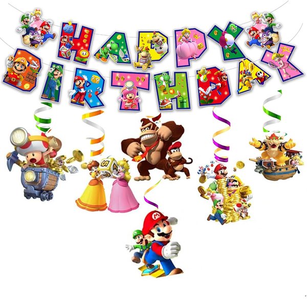 13Packs Mairo party supplies Include 12 pcs Mario Hanging Swirls and 1 Happy Birthday Banner for Mario party Decoration