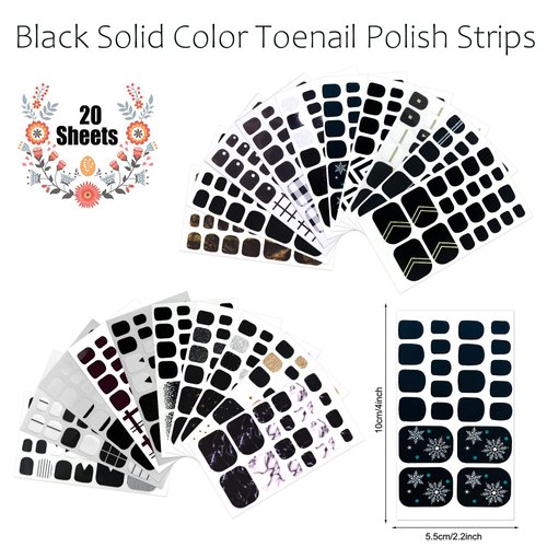 JERCLITY 440 Pieces 20 Sheets Black Color Toe Nail Polish Strips Toenail Full Wraps Self-Adhesive Full Nail Stickers Nail Art Decals Strips with Nail File for Women Girls Kids Nail Art