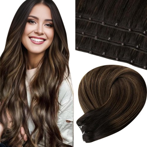 LaaVoo Micro Beaded Weft Hair Extensions Real Human Hair Balayage Darkest Brown Ombre Light Brown MicroBead Weft Hair Extensions Silky Straight Easy Weft Extensions Human Hair 16 Inch 50g